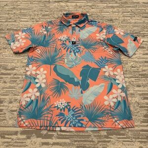 Bad Birdie Performance Golf Polo Men’s Large Peach Floral Hawaiian Palm Athletic